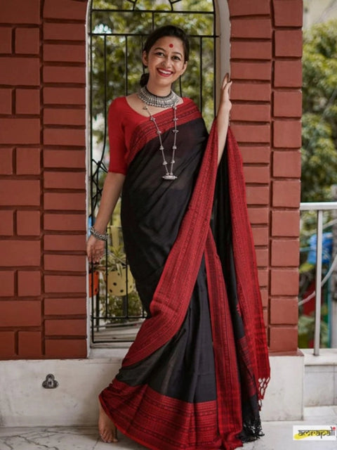 Women's Soft Lilan Printed Saree With Unstitched Blouse 5.5Mtr (Black)