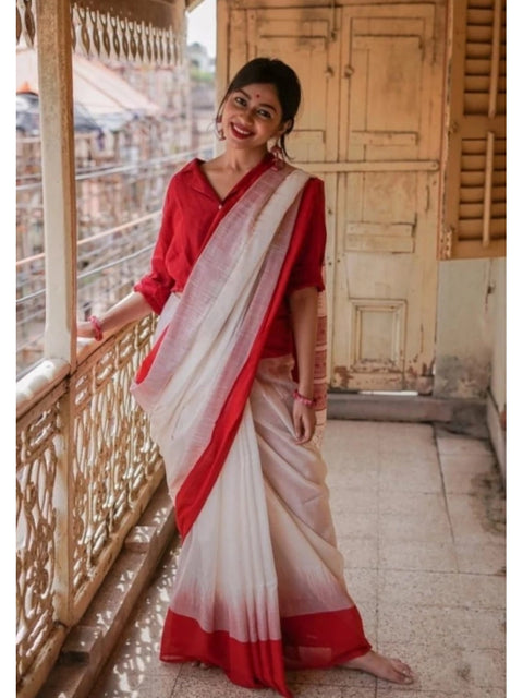 Women's Soft Lilan Printed Saree With Unstitched Blouse 5.5Mtr (White)