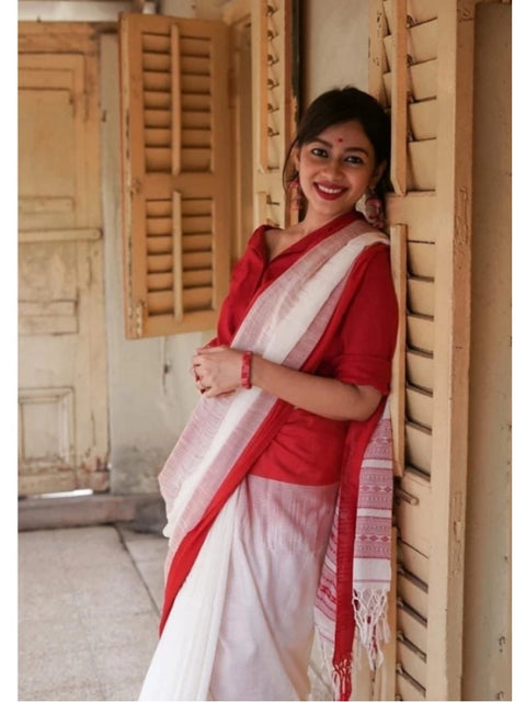 Women's Soft Lilan Printed Saree With Unstitched Blouse 5.5Mtr (White)
