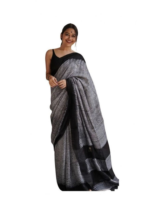 Women's Soft Lilan Printed Saree With Unstitched Blouse 5.5Mtr (Black)