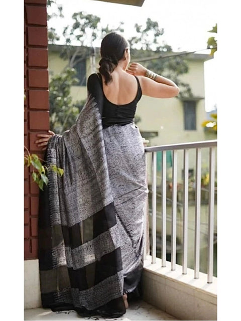 Women's Soft Lilan Printed Saree With Unstitched Blouse 5.5Mtr (Black)