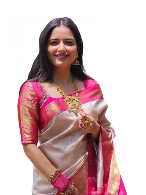Women's Soft Lichi Silk Printed Saree With Unstitched Blouse 5.5Mtr (Grey)