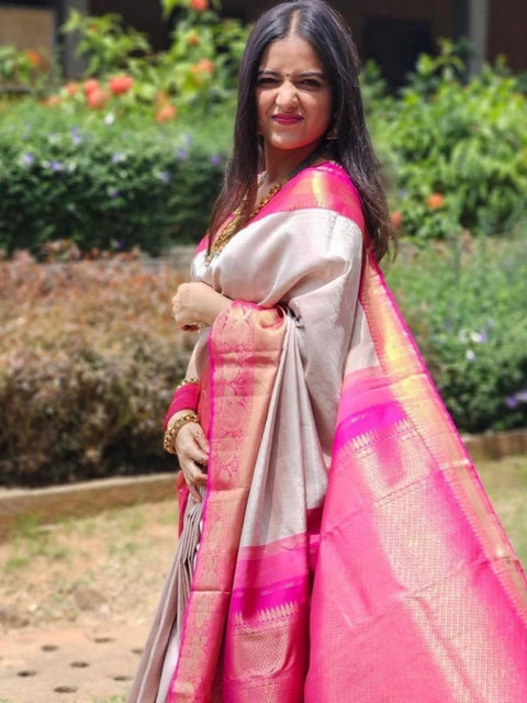 Women's Soft Lichi Silk Printed Saree With Unstitched Blouse 5.5Mtr (Grey)