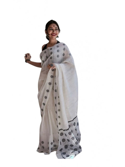 Women's Soft Lilan Printed Saree With Unstitched Blouse 5.5Mtr (White)