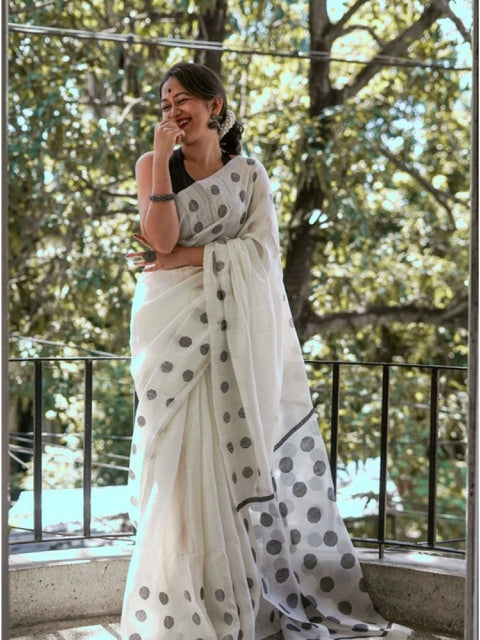 Women's Soft Lilan Printed Saree With Unstitched Blouse 5.5Mtr (White)