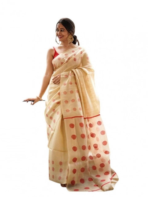 Women's Soft Lilan Printed Saree With Unstitched Blouse 5.5Mtr (Cream)