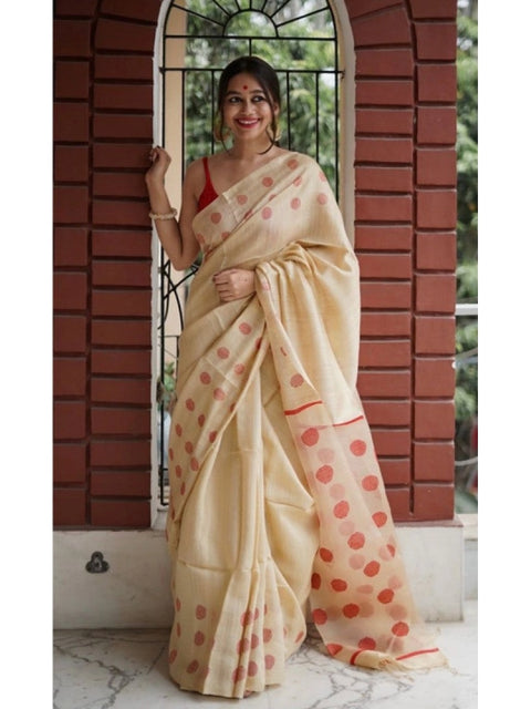 Women's Soft Lilan Printed Saree With Unstitched Blouse 5.5Mtr (Cream)