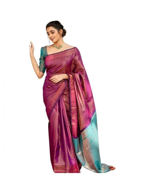 Women's Soft Lichi Silk Printed Saree With Unstitched Blouse 5.5Mtr (Purple)