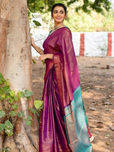 Women's Soft Lichi Silk Printed Saree With Unstitched Blouse 5.5Mtr (Purple)