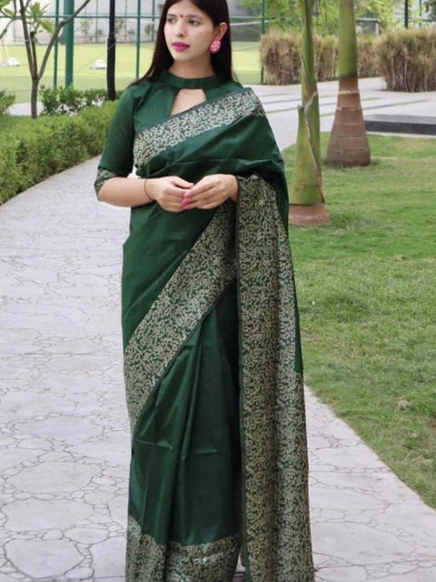 Women's Soft Lichi Silk Printed Saree With Unstitched Blouse 5.5Mtr (Green)