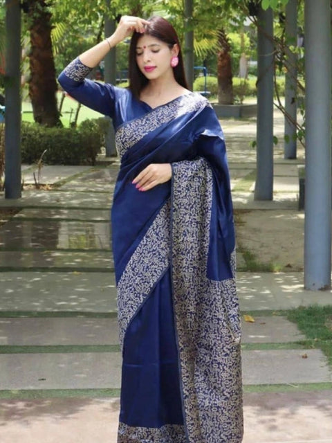 Women's Soft Lichi Silk Printed Saree With Unstitched Blouse 5.5Mtr (Blue)