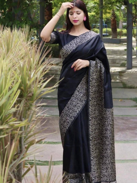 Women's Soft Lichi Silk Printed Saree With Unstitched Blouse 5.5Mtr (Black)