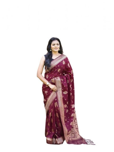 Women's Soft Lichi Silk Printed Saree With Unstitched Blouse 5.5Mtr (Wine)
