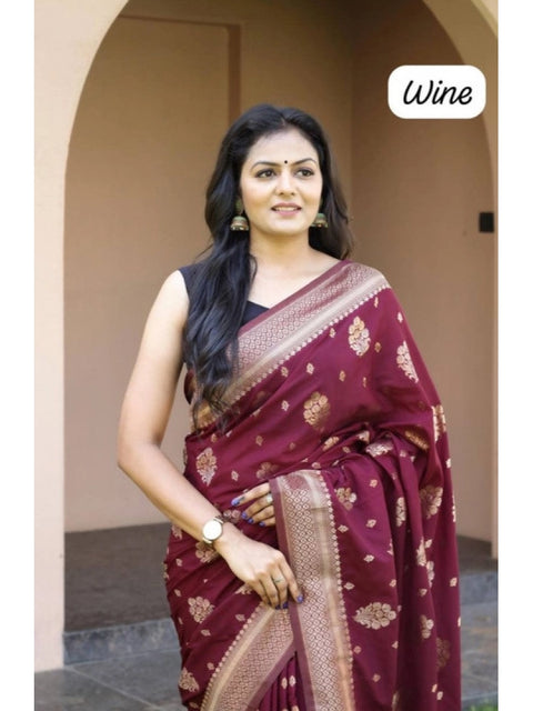 Women's Soft Lichi Silk Printed Saree With Unstitched Blouse 5.5Mtr (Wine)