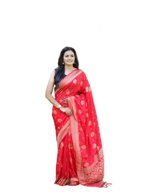 Women's Soft Lichi Silk Printed Saree With Unstitched Blouse 5.5Mtr (Red)