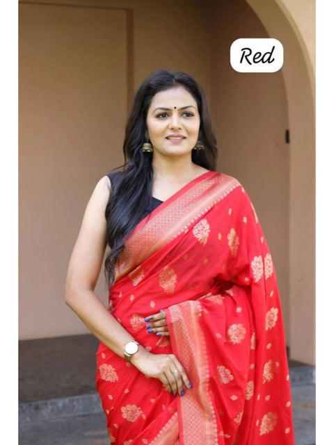 Women's Soft Lichi Silk Printed Saree With Unstitched Blouse 5.5Mtr (Red)