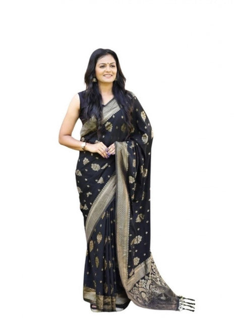 Women's Soft Lichi Silk Printed Saree With Unstitched Blouse 5.5Mtr (Black)