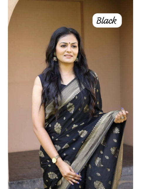 Women's Soft Lichi Silk Printed Saree With Unstitched Blouse 5.5Mtr (Black)