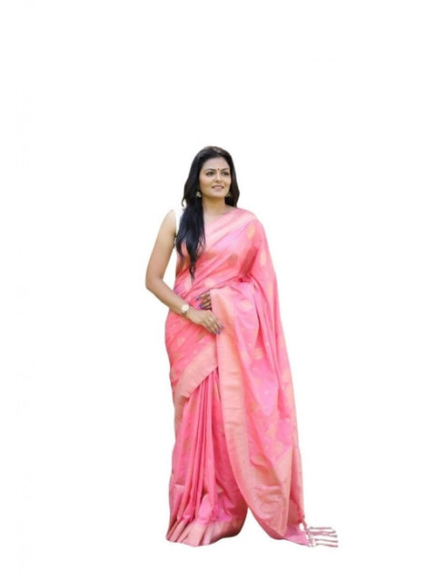 Women's Soft Lichi Silk Printed Saree With Unstitched Blouse 5.5Mtr (Pink)