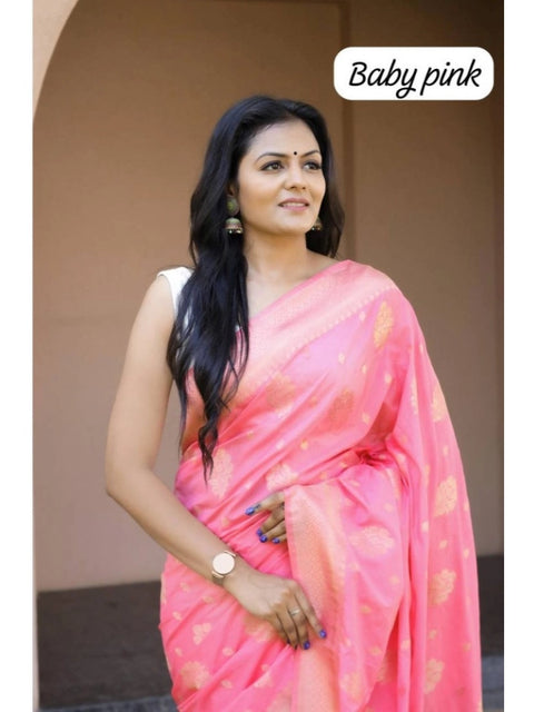 Women's Soft Lichi Silk Printed Saree With Unstitched Blouse 5.5Mtr (Pink)