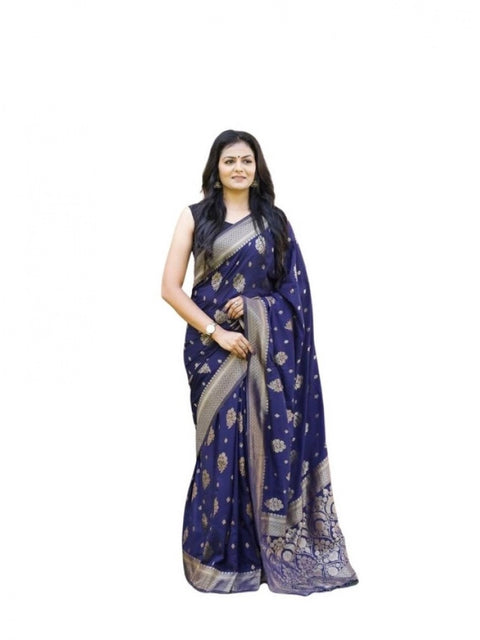 Women's Soft Lichi Silk Printed Saree With Unstitched Blouse 5.5Mtr (Navy Blue)