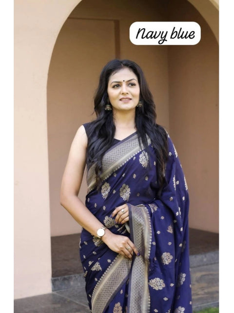 Women's Soft Lichi Silk Printed Saree With Unstitched Blouse 5.5Mtr (Navy Blue)
