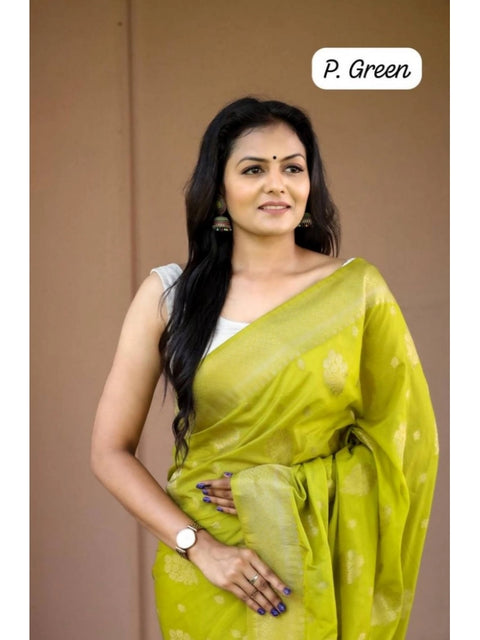 Women's Soft Lichi Silk Printed Saree With Unstitched Blouse 5.5Mtr (Green)