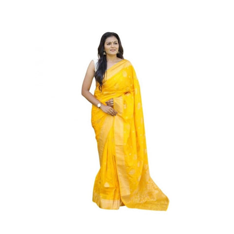 Generic Women's Soft Lichi Silk Printed Saree With Unstitched Blouse 5.5Mtr (Yellow)