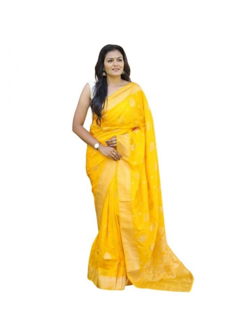 Women's Soft Lichi Silk Printed Saree With Unstitched Blouse 5.5Mtr (Yellow)