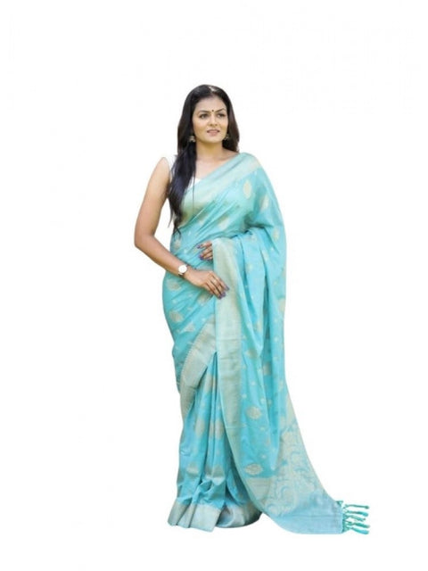 Women's Soft Lichi Silk Printed Saree With Unstitched Blouse 5.5Mtr (Sky-Blue)