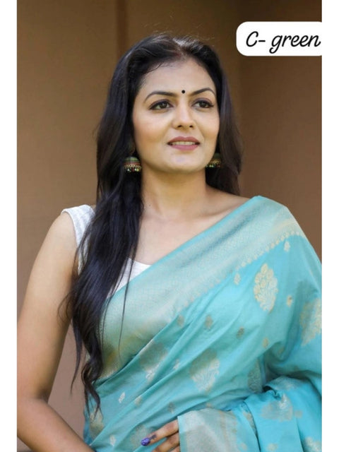 Women's Soft Lichi Silk Printed Saree With Unstitched Blouse 5.5Mtr (Sky-Blue)