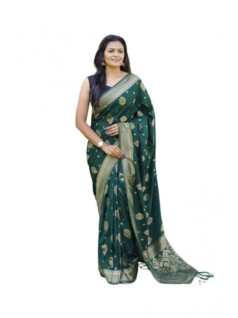 Women's Soft Lichi Silk Printed Saree With Unstitched Blouse 5.5Mtr (Bottle-Green)