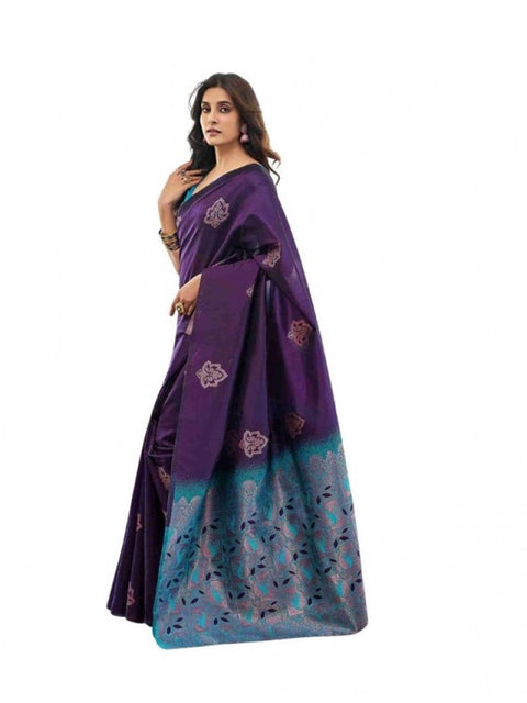 Women's Soft Lichi Silk Printed Saree With Unstitched Blouse 5.5Mtr (Blue)