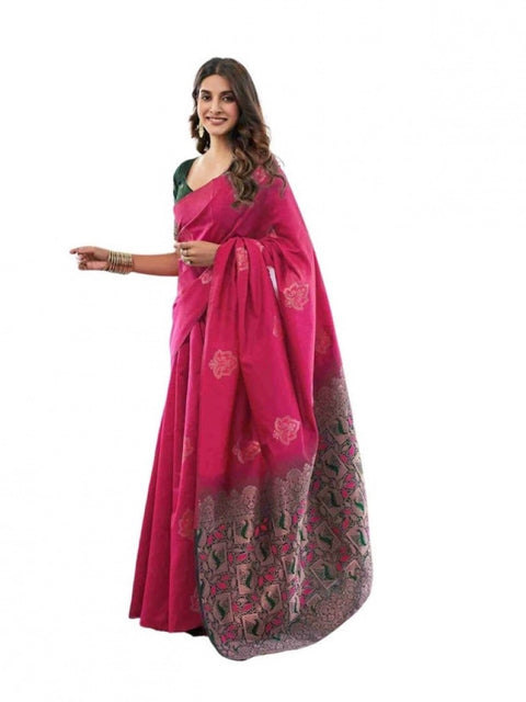 Women's Soft Lichi Silk Printed Saree With Unstitched Blouse 5.5Mtr (Pink)