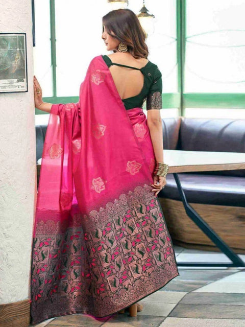 Women's Soft Lichi Silk Printed Saree With Unstitched Blouse 5.5Mtr (Pink)