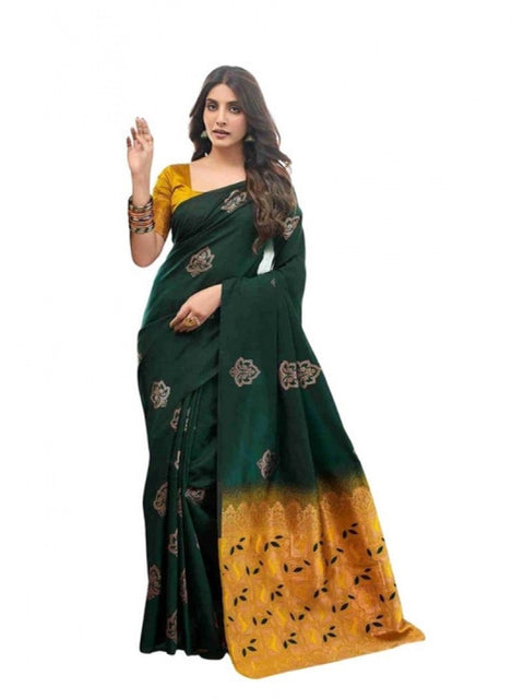 Women's Soft Lichi Silk Printed Saree With Unstitched Blouse 5.5Mtr (Green)