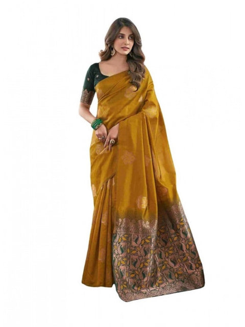 Women's Soft Lichi Silk Printed Saree With Unstitched Blouse 5.5Mtr (Mustard )