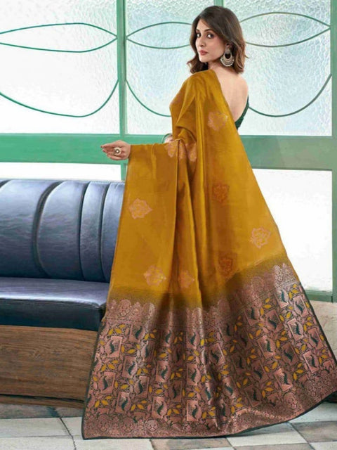 Women's Soft Lichi Silk Printed Saree With Unstitched Blouse 5.5Mtr (Mustard )