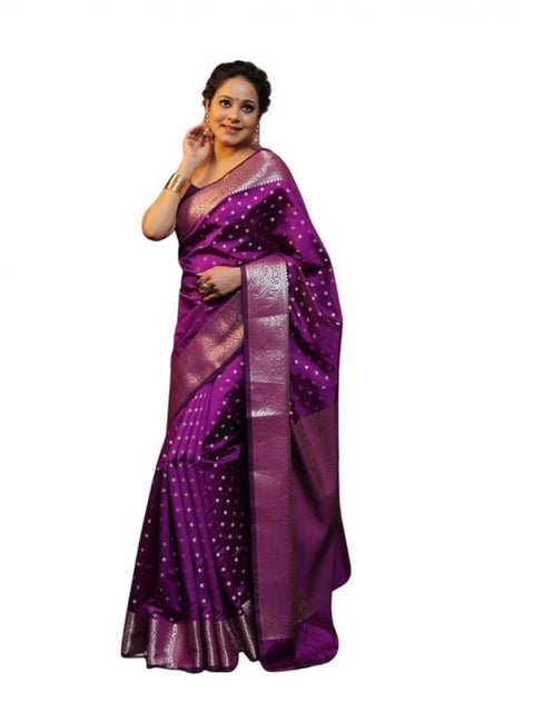 Women's Soft Lichi Silk Printed Saree With Unstitched Blouse 5.5Mtr (Purple)