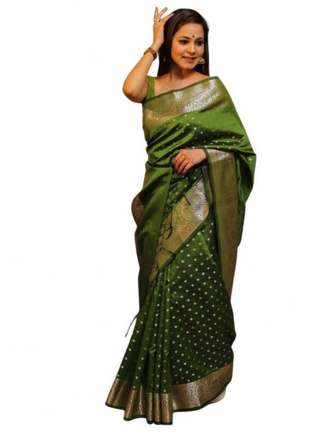 Women's Soft Lichi Silk Printed Saree With Unstitched Blouse 5.5Mtr (Green)