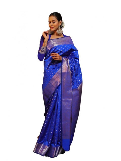 Women's Soft Lichi Silk Printed Saree With Unstitched Blouse 5.5Mtr (Blue)