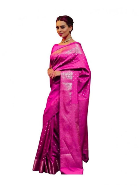 Women's Soft Lichi Silk Printed Saree With Unstitched Blouse 5.5Mtr (Pink)