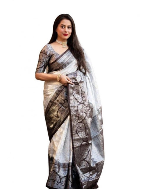 Women's Soft Lichi Silk Printed Saree With Unstitched Blouse 5.5Mtr (Off-White)