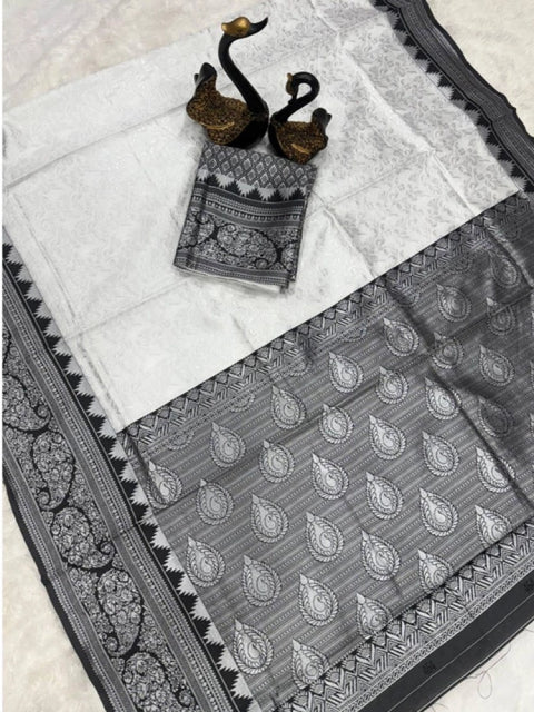 Women's Soft Lichi Silk Printed Saree With Unstitched Blouse 5.5Mtr (Off-White)