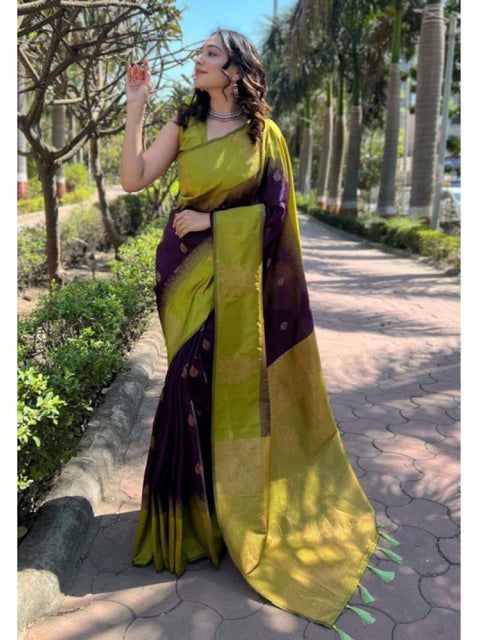 Women's Soft Lichi Silk Printed Saree With Unstitched Blouse 5.5Mtr (Purple)