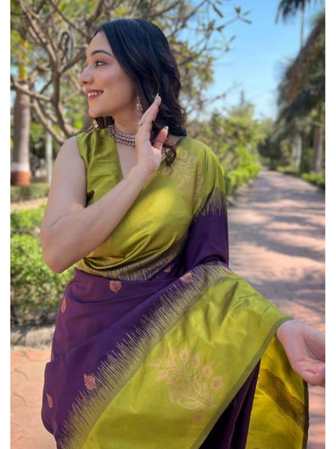 Women's Soft Lichi Silk Printed Saree With Unstitched Blouse 5.5Mtr (Purple)