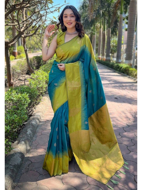 Women's Soft Lichi Silk Printed Saree With Unstitched Blouse 5.5Mtr (Green)