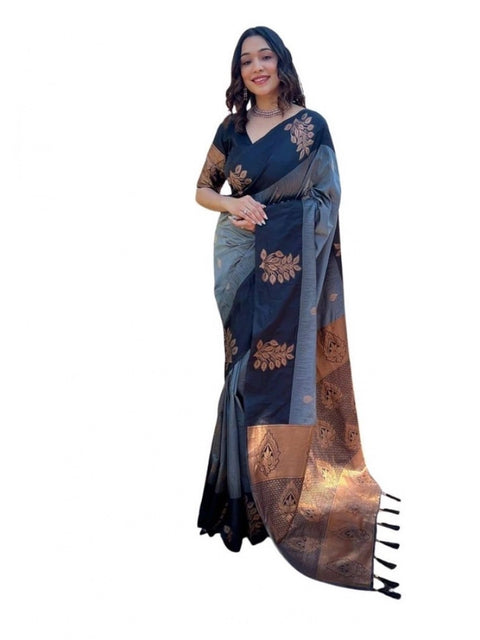 Women's Soft Lichi Silk Printed Saree With Unstitched Blouse 5.5Mtr (Grey)