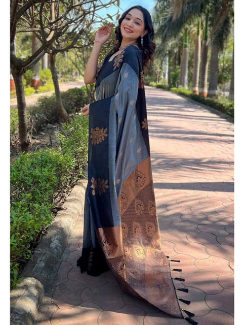 Women's Soft Lichi Silk Printed Saree With Unstitched Blouse 5.5Mtr (Grey)