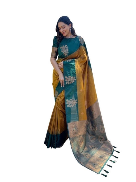 Women's Soft Lichi Silk Printed Saree With Unstitched Blouse 5.5Mtr (Mustard )